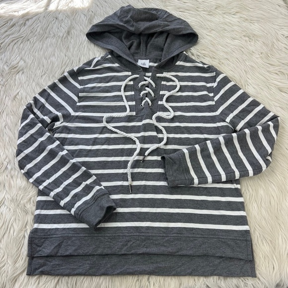 Cabi Women's Striped Lace Up Neckline Windward Hoodie - Picture 1 of 7